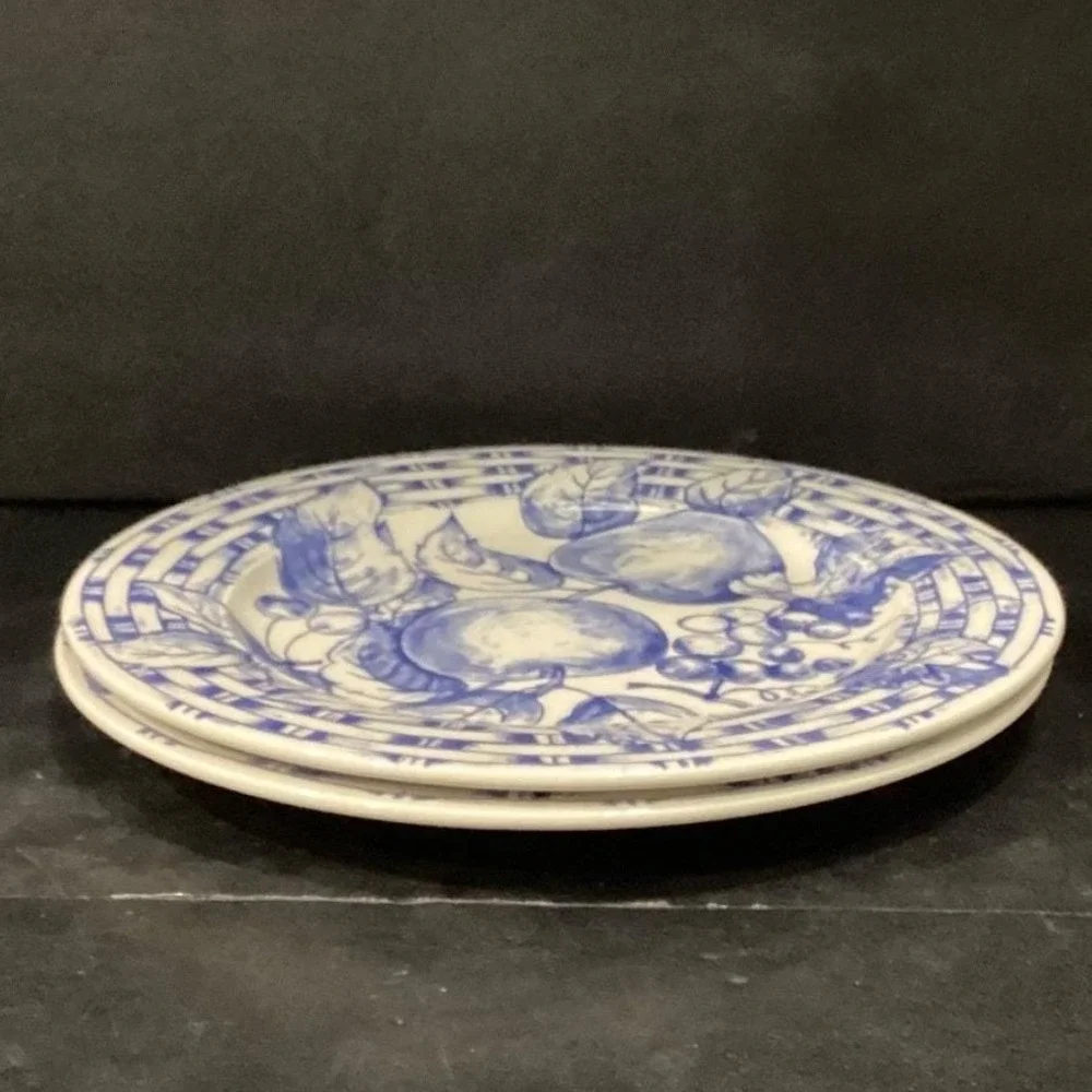 Pier 1 Imports Fruit Themed Dinner Plates, Set of 2, Vtg Hand Painted Dinnerware